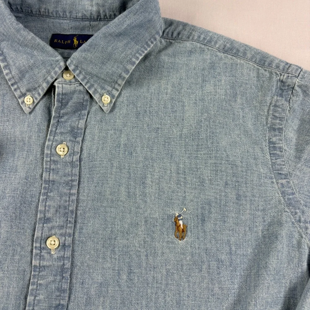 Polo Ralph Lauren Shirt Mens XL Blue Chambray Button Up Denim Style Flesh Pony